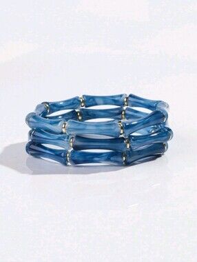 NEW! Blue Stretch Gold Beaded   Bamboo Bracelet Set - Women Jewelry